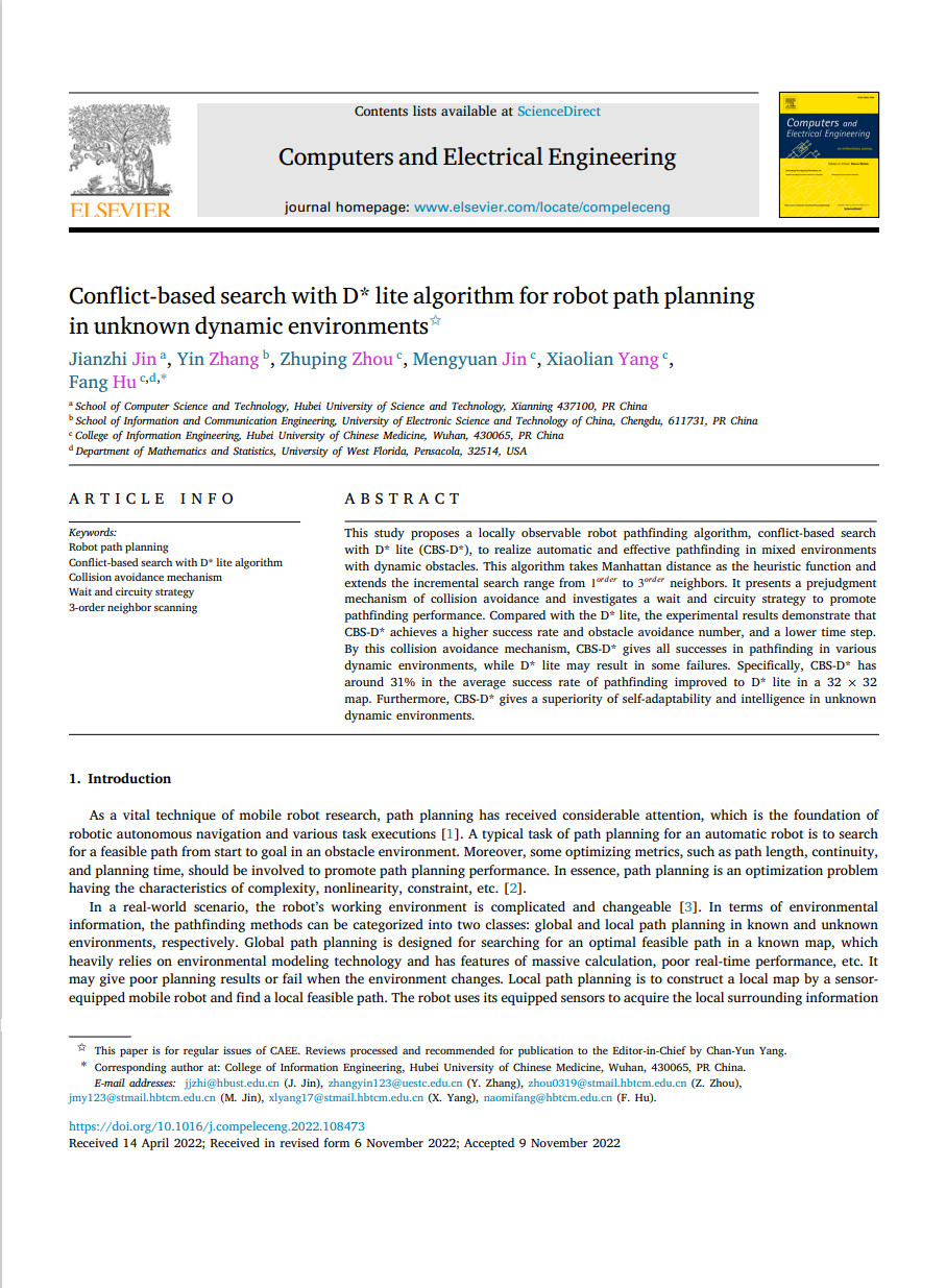 Conflict-based search with D* lite algorithm for robot path planning in unknown dynamic environments（SCI）